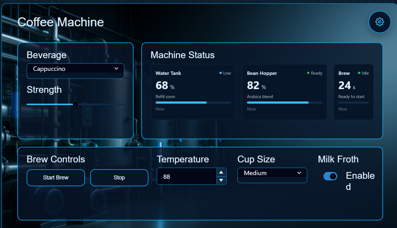 Editable coffee machine interface created in ForgeUI Hosted Studio